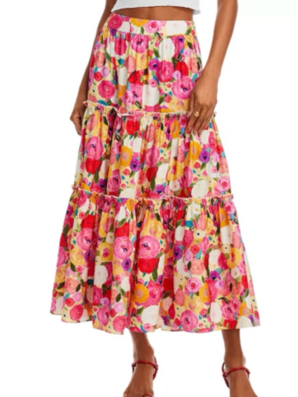 Aqua Pink Multi Floral Tiered Maxi Skirt